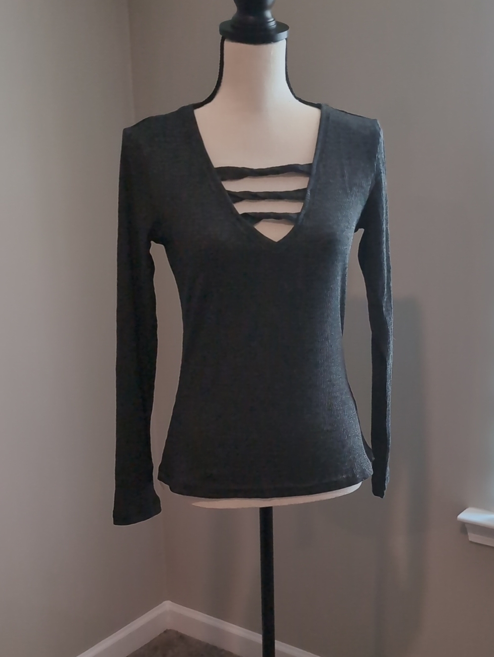Charcoal Gray Strappy V-Neck Long Sleeve Top